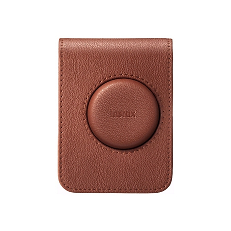Étui d'appareil photo en cuir marron avec gaufrage et lettrage 'instax'. Renfoncement rond avec lettrage.