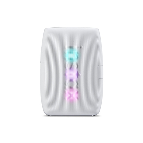 Weißes, geriffeltes Gerät mit drei farbigen Lichtern: blau, lila, pink.