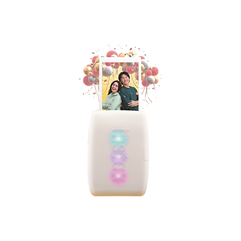 Eine Fotodrucker mit Foto eines lächelnden Paares. Der Drucker ist cremefarben, mit drei farbigen Lichtern.
