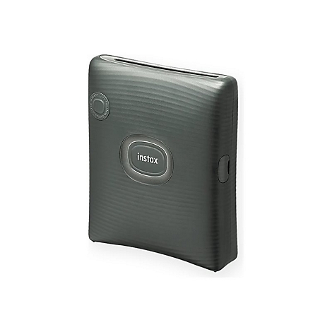 Dunkelgrauer instax-Fotodrucker. Das Gerät hat eine runde Form mit abgerundeten Ecken und dem instax-Logo. Auf der Oberseite befindet sich ein schmaler Schlitz.