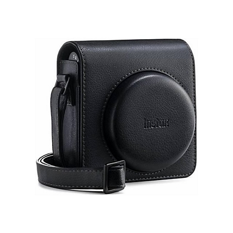 Schwarze Kameratasche mit Schulterriemen, 'instax' Prägung, auf weißem Hintergrund.