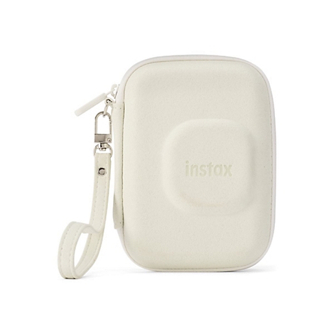 Cremefarbene Kameratasche mit Instax-Logo. Sie hat einen Reißverschluss, einen Griff und einen Karabinerhaken.