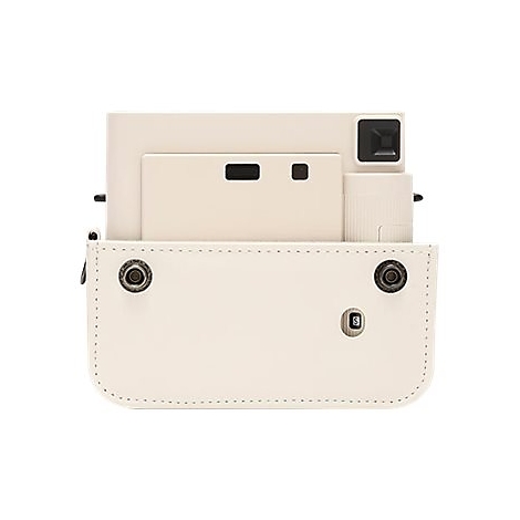 Hellbeige Sofortbildkamera mit passender Hülle. Schwarzer Sucher und Auslöser. Auf weißem Hintergrund.