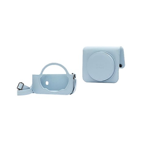 Hellblaue Kameratasche und Kamerahülle auf weißem Hintergrund.
