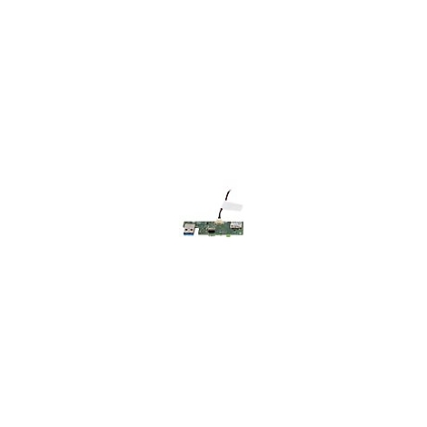 Eine grÃ¼ne Platine mit USB-Anschluss und Kabeln. Text-Etikett.