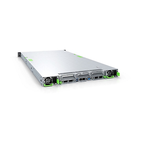 Ein grauer Server, leicht von oben gesehen, mit grünen Akzenten an den Lüftern und Steckplätzen, vor weißem Hintergrund.