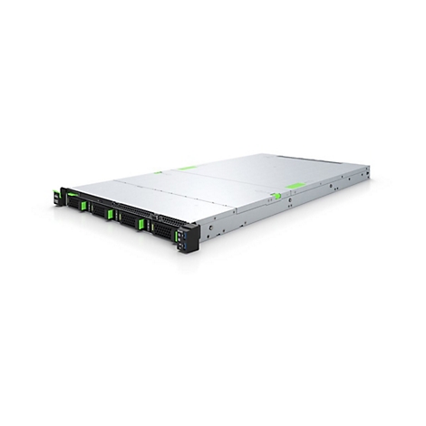 Un rack serveur gris avec des accents noirs et verts, photographié légèrement en biais par le haut.