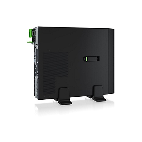 Schwarzer Computer-Tower, Frontansicht, Steht auf Halterung, grüne Akzente.