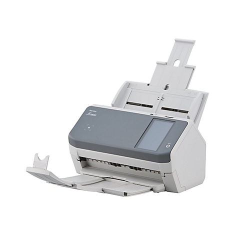 Scanner à plat Ricoh gris et blanc. Partie supérieure avec alimentation ouverte, en dessous un panneau de commande gris avec écran.