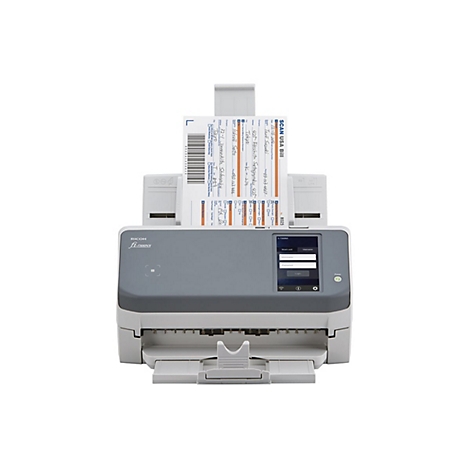 Ein grauer Ricoh-Scanner, in dem Dokumente liegen. Auf dem Touchscreen ist eine Login-Maske zu sehen.