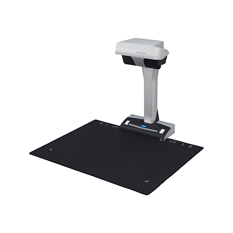 Ein grauer Scanner mit dem Label ScanSnap SV600 und einer schwarzen Auflage vor weißem Hintergrund. Der Scanner ist auf einem Stiel befestigt.