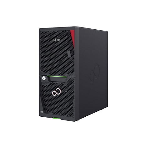 Serveur Fujitsu noir avec accent rouge. Logo : symbole de l'infini et FUJITSU.