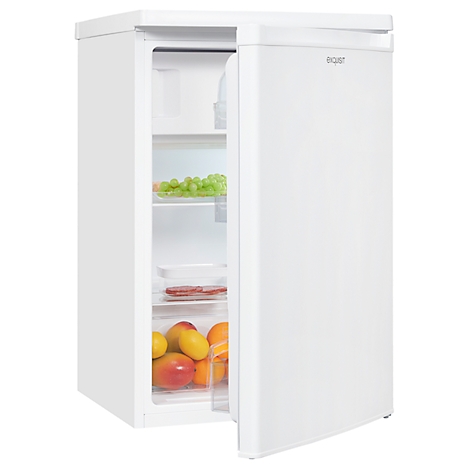 White fridge with open door. Inside, fruits like mango and grapes are visible.