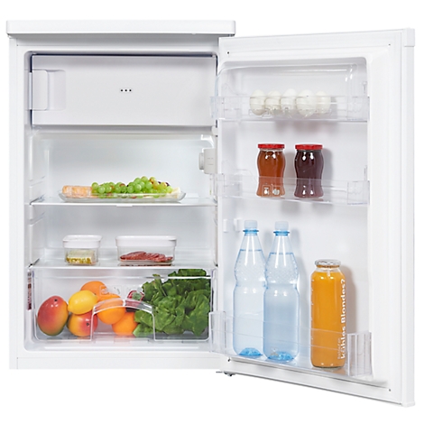 An opened refrigerator. Inside are groceries: fruits, vegetables, drinks, and canned goods.