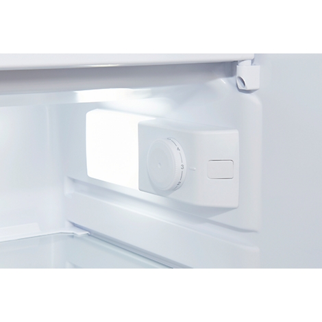 Inside view of a refrigerator with light and temperature control.