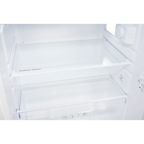 Interior of a white refrigerator with two glass shelves labeled "Safety Glass".