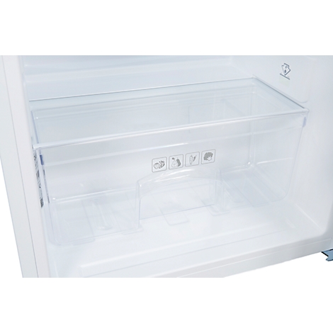 Close-up of a refrigerator: interior with transparent drawers and compartments. A rectangular container at the top, more compartments below.