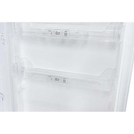 View of an empty refrigerator with transparent drawers. Each drawer has pictograms: bread, eggs, milk carton.