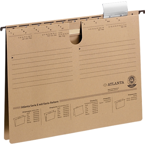 Brown cardboard hanging file with labels and metal hooks.