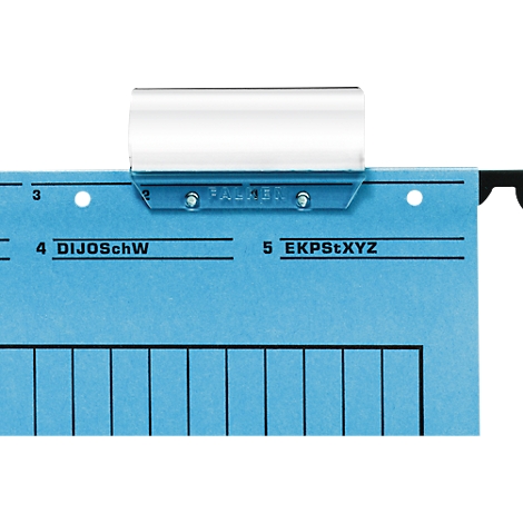 Close-up of a blue hanging file with white clip, black lines and text below.
