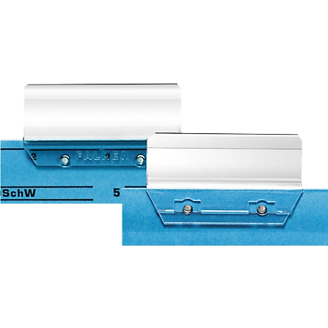 Close-up of two white folder clips attached to blue paper. Details such as screws and scales are visible.