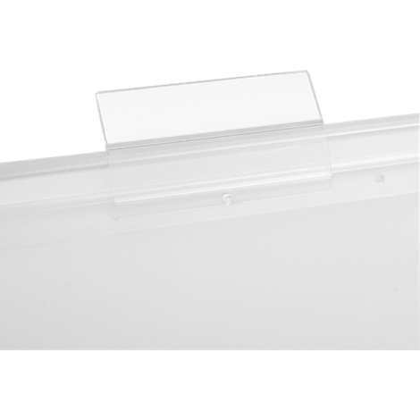 Transparent plastic holder attached to a white surface, close up.