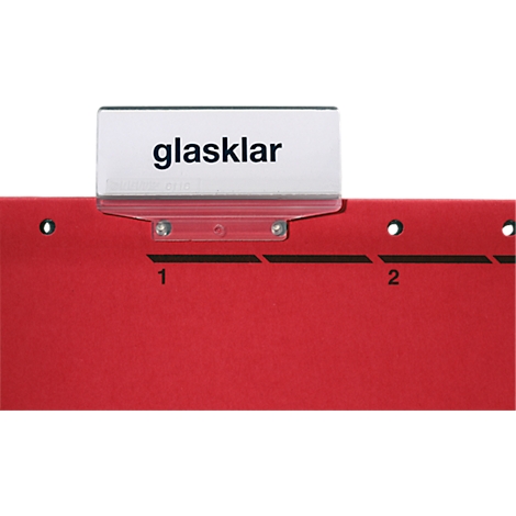 Red index card labeled "glasklar". Numbers 1 and 2 are displayed on the index card.