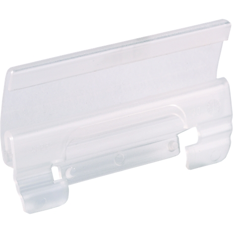 Transparent plastic clip shown at a slight angle. It has an elongated body with several cutouts.