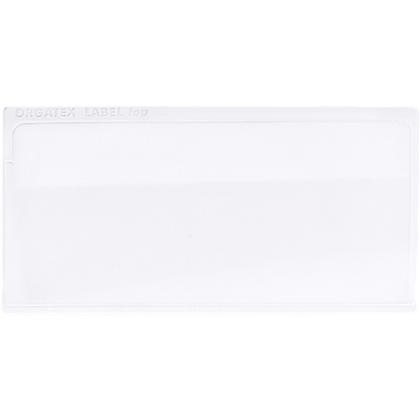 Un portatarjetas rectangular blanco con el texto "ORGATEX LABEL TAB" en la parte superior.