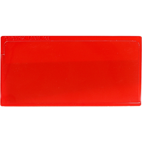 Tarjeta roja rectangular, texto blanco en la parte superior: 'ORGATEC LABEL W'.