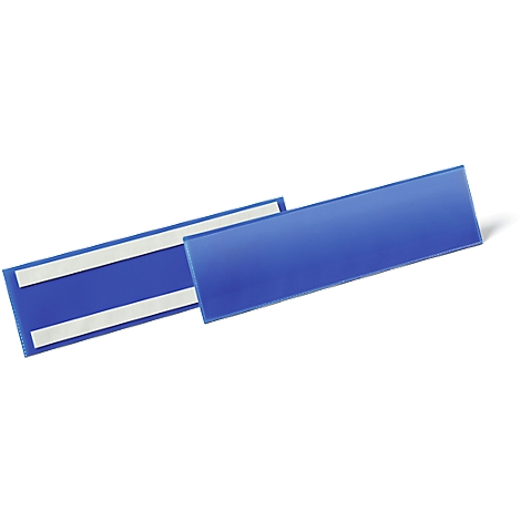 Dos etiquetas azules, una con cinta adhesiva de doble cara en la parte posterior.