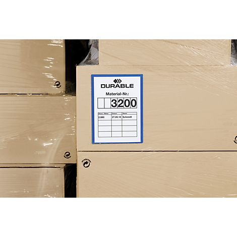 Una caja de cartón con una etiqueta azul que dice DURABLE y N.º de material 3200.