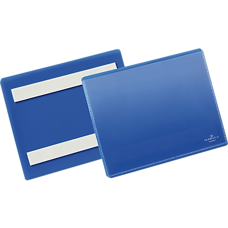 Dos carpetas azules, una con tiras magnéticas blancas. Un logotipo de la empresa es visible en la parte inferior derecha.