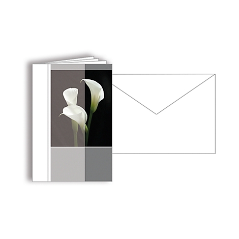 High-quality greeting card with calla lily flowers. Next to it, a white envelope.