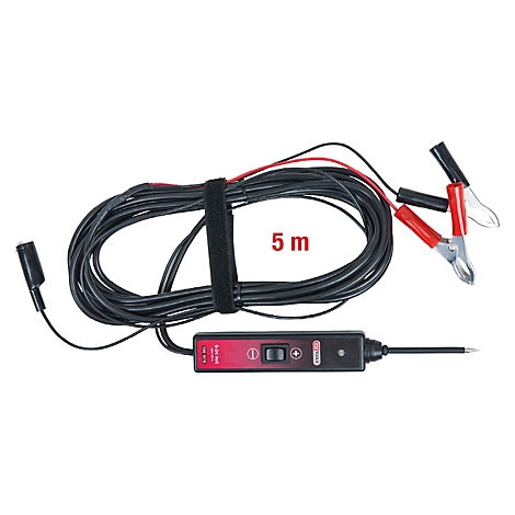 Schwarzes Kabel mit roter Markierung, Kabelklemmen und einem Messgerät mit roter Beschriftung, Text: 5 m.