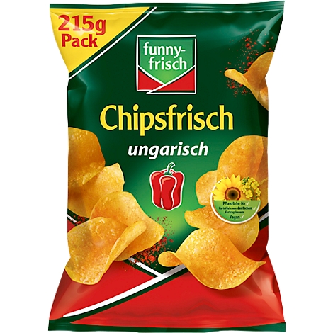Tüte Chipsfrisch ungarisch von Funny Frisch. Aufdruck "215g Pack". Rote Paprika-Abbildung und gelbe Sonnenblume.