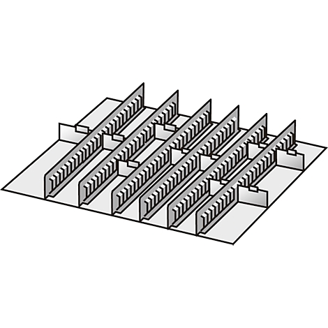 Grey, rastered metal construction with vertical and horizontal elements, perspective view.