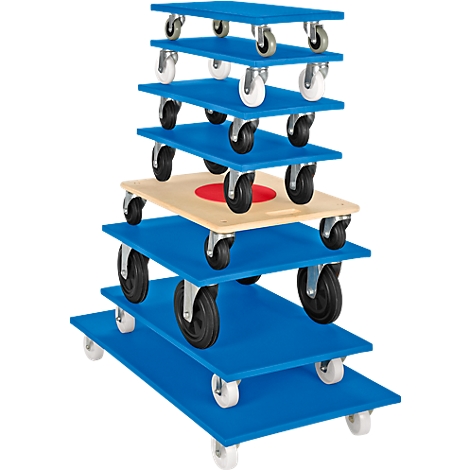 Stacked blue rolling boards with wheels in various colors. The middle board is light and has a red circle.