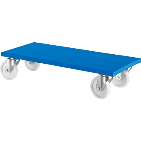 Blue trolley with four white wheels. On a white background.