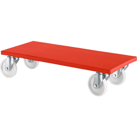 Red transport plate with four white wheels.