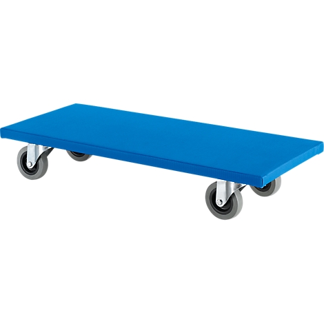 Blue transport board with four grey wheels. Rectangular shape.