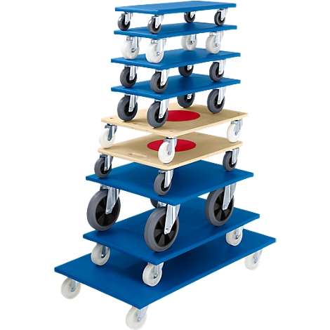 Several blue and beige rolling boards, stacked. The bottom boards have gray wheels, the top ones white.