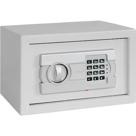 White safe with number pad and turn handle.