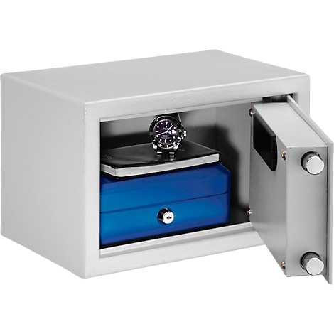 Grey safe with open door. Inside are a watch, a jewelry box and a notebook.