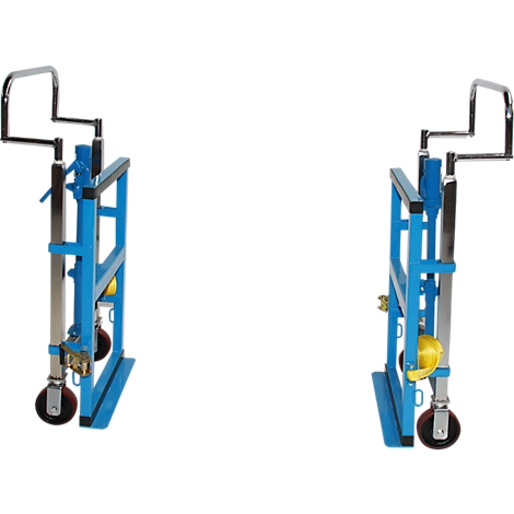 Two blue and silver hand trucks stand side by side. The handle is chrome. The carts have wheels.