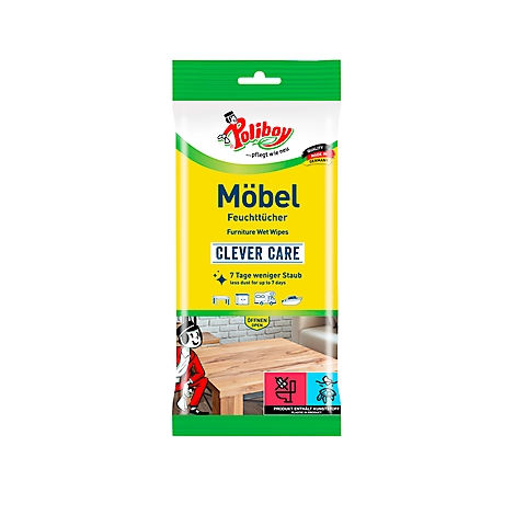 Packaging of Poliboy furniture wet wipes. Inscription: Furniture, Clever Care, 7 days less dust. With an illustration of a table and cleaning symbols.