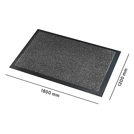 Graue Schmutzfangmatte mit schwarzem Rahmen. Abmessungen: 1800 mm x 1200 mm.