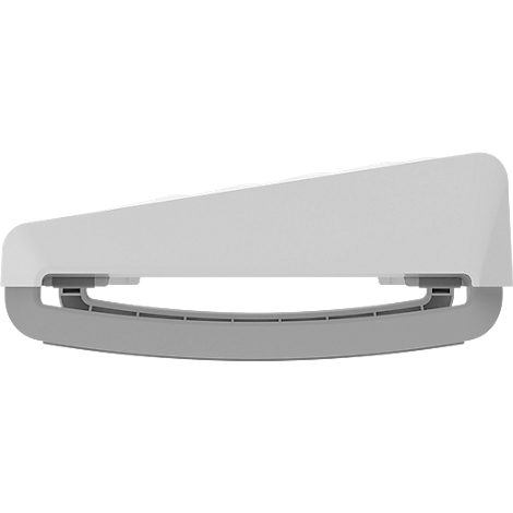 Graues, ergonomisches Gerät mit leicht gebogener Form, auf einer grauen Basis stehend. Es sieht modern aus.