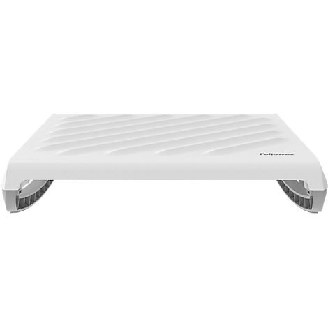 Weißer Laptopständer mit Rippenmuster, grauen Füßen und Firmenlogo.