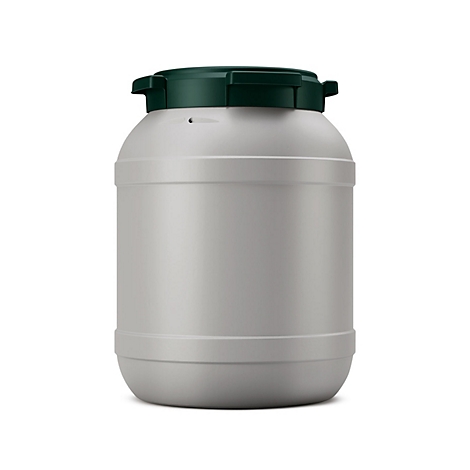 Récipient rond gris avec couvercle vert. Sur fond blanc.